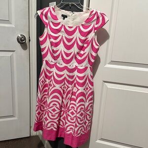 Talbots Hot Pink and White Fit-and-Flare Midi Dress